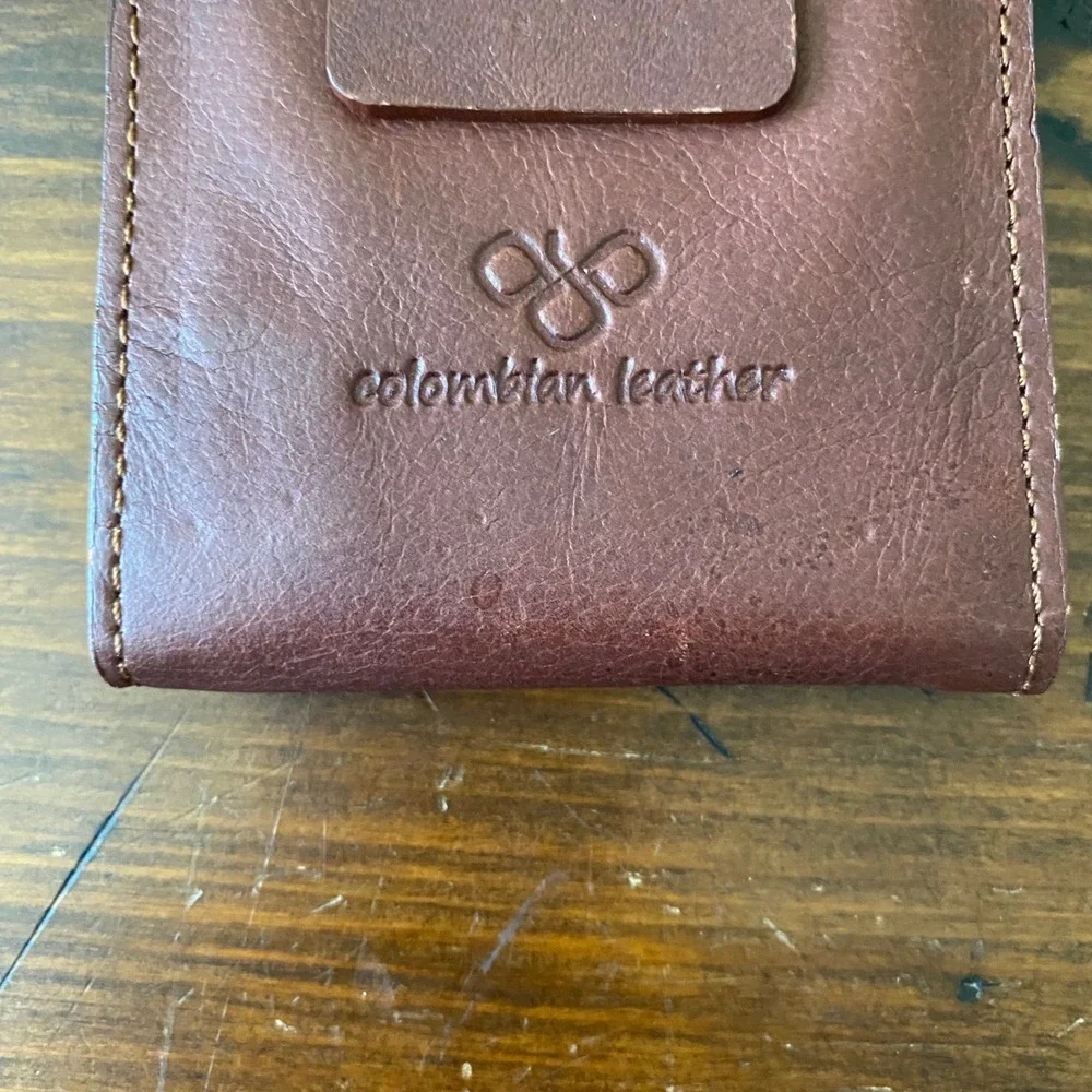 Colombian Leather Brown Bifold Wallet with Money Clip and Pull Tab Orange Accent